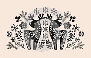 Vector hand drawn illustration of animals in Nordic style hygge. Silhouette of a deer in a floral pattern in a folk