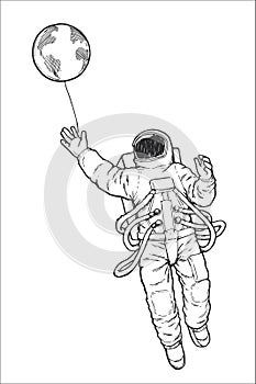 Vector hand-drawn illustration with an astronaut trying to catch a ball by a string. Sketch of a cosmonaut who released a planet f