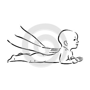 Vector hand drawn illustration of baby massage process on white background