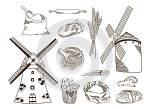 Vector hand drawn illustration of bakery elements in ink sketch style