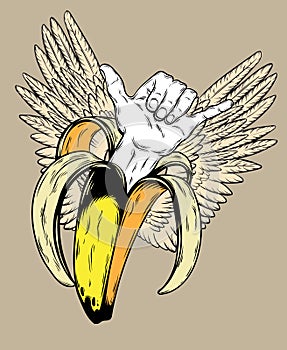 Vector hand drawn illustration of banana with shaka hand with isolated