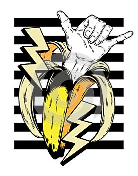 Vector hand drawn illustration of banana with shaka hand isolated. Creative artwork with lightning