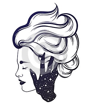 Vector hand drawn illustration of beautiful woman profile with hand of a ghost.