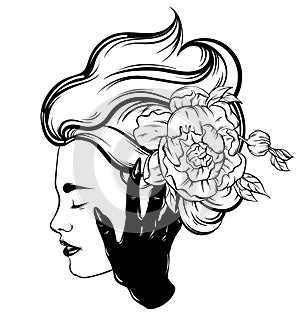 Vector hand drawn illustration of beautiful woman profile with hand of a ghost.