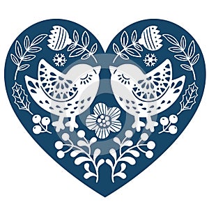 Vector hand drawn illustration of birds in folk style. Silhouettes of ornate bird kissing among branches and flowers