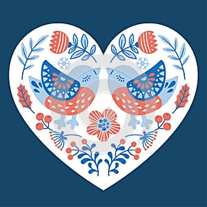 Vector hand drawn illustration of birds in folk style. Silhouettes of ornate snowbird kissing among branches and flowers