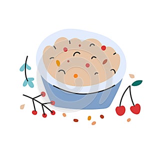 Vector hand drawn illustration of bowl with cereal with raisin, berries and seeds, granola plate for healthy breakfast.