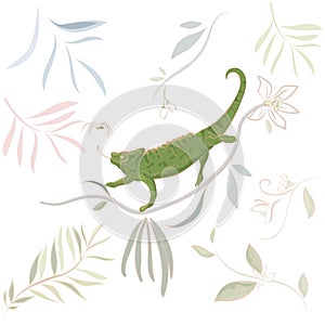 Vector hand drawn illustration Chameleon Lizard, tropical flowers, clip art. Green reptile on floral branch isolated on white back