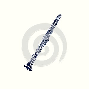 Vector hand drawn illustration of clarinet engraving old vintage style. Musical instrument isolated on white background. Wind