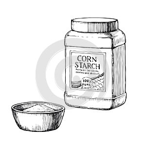 Vector hand-drawn illustration of corn starch in plastic jar. Black and white sketch of cooking ingredient.