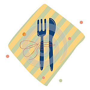 Vector hand drawn illustration cute cartoon table setting for dinner fork knife and napkin