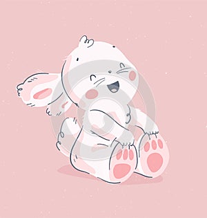 Vector hand drawn illustration with cute little baby rabbit sit and laugh isolated on pink background.