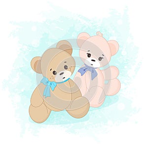 Vector hand-drawn illustration of cute teddy bears. Greeting card for Valentine's day, birthday, holiday.