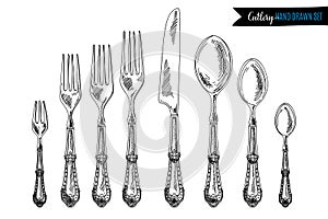 Vector hand drawn illustration with cutlery set