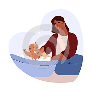 Vector hand drawn illustration of dark-skinned mom washes the baby in the a bubble bath, isolated on white background