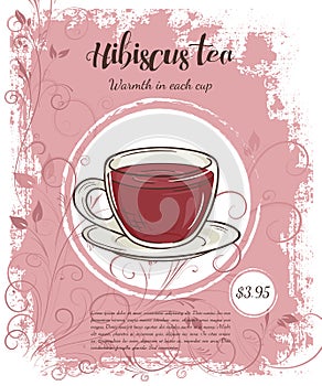 Vector hand drawn illustration of drinks menu pages with cup of hibiscus tea