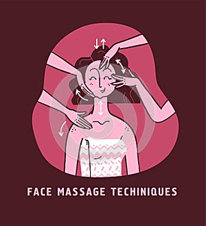 Vector hand drawn illustration of face massage and skin care instructions and techniques on portrait of young beautiful lady.