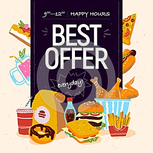 Vector hand drawn illustration for fast food cafe special offer advertising or banner design with pizza, donut, soda, burger, frie