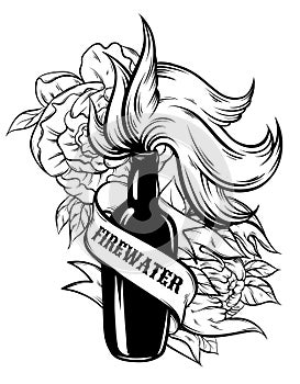 Vector hand drawn illustration of ` Firewater` with flowers and ribbon.