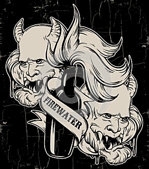Vector hand drawn illustration of ` Firewater` with head of devil.