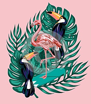 Vector hand drawn illustration of flamingo on surfboard, toucans, palm leaves.