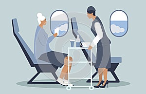 Vector hand drawn illustration in flat style on the theme of flights and services on board the aircraft.