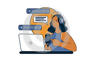 vector hand drawn illustration in flat style on the theme of recording podcasts.