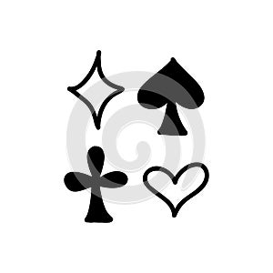 Vector hand drawn illustration of the four cards suits symbols. Black and white doodle.