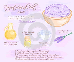 Vector hand drawn illustration of fragrant lavender salt scrub recipe