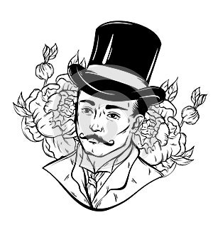 Vector hand drawn illustration of gentleman with peonies