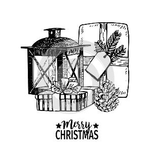 Vector hand drawn illustration of gift packages, cone and lantern. Christmas engraved art decoration.