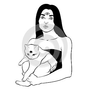 Vector hand drawn illustration of girl with cat with three eyes isolated.