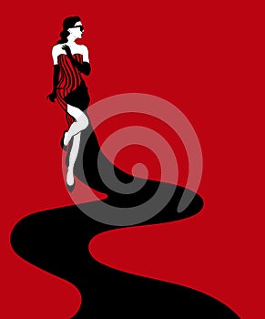 Vector hand drawn illustration of girl in maxi dress isolated.