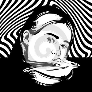 Vector hand drawn illustration of girl in surrealistic style.