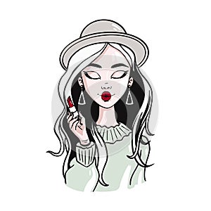 Vector hand drawn illustration of girl in wig with pomade isolated.