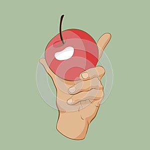 Vector hand drawn illustration of hand holding forbidden fruit.