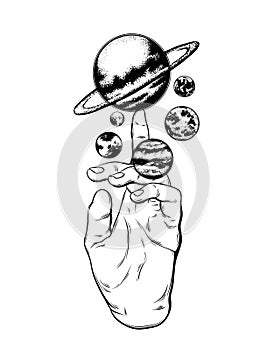 Vector hand drawn illustration of hand with planets