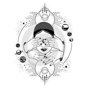 Vector hand drawn illustration of head with hands.