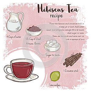 Vector hand drawn illustration of hibiscus tea recipe with list of ingredients