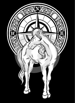 Vector hand drawn illustration of horse and compass isolated.