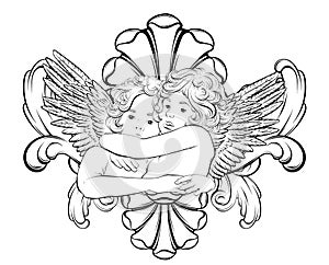Vector  hand drawn  illustration of hugging cupids with wings and rococo frame .