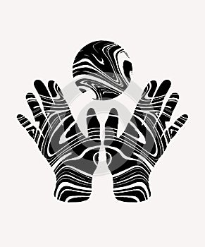 Vector hand drawn illustration of human hands with planets  isolated.