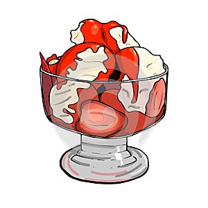 Vector hand drawn illustration of ice-cream, strawberry with cream in dessert glass with berries