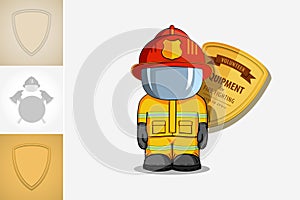 Vector hand drawn illustration. Isolated character firefighter in protective suit stands.