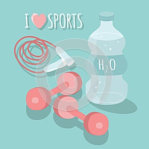 Vector hand drawn illustration - items for fitness - dumbbells, bottle of water, jump rope and the inscription `I love sports`