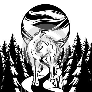 Vector hand drawn illustration landscape with forest, planet and horse isolated.