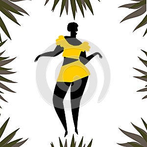 Vector hand drawn illustration of Latino, Caribbean, African woman dancing. Black silhouette on the tropical background.