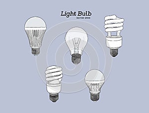Vector hand drawn illustration of the light bulb evolution set