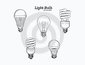 Vector hand drawn illustration of the light bulb evolution set