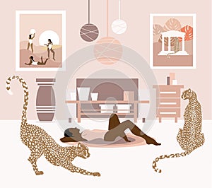 Vector  hand drawn illustration of lying girl in the room with cheetah.